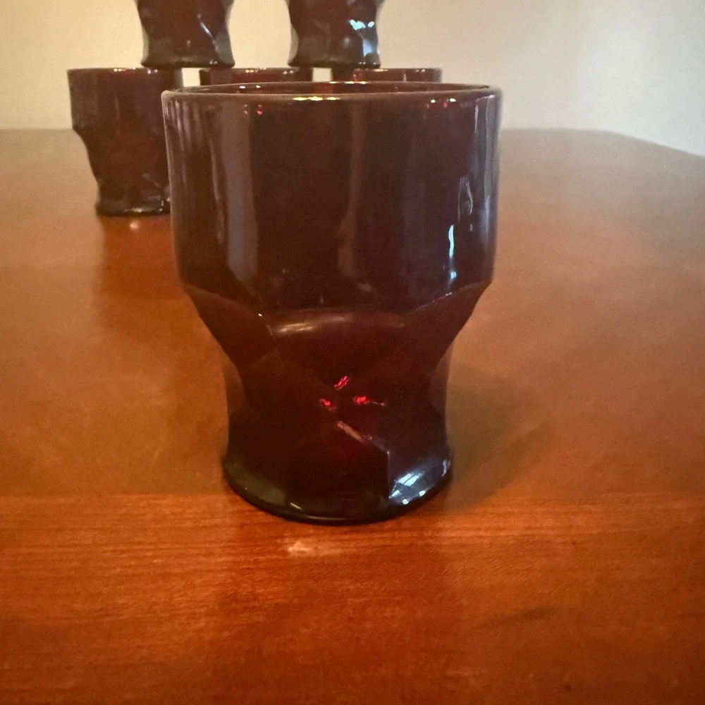 Vtg Ruby Red‎ Glass Juice Tumblers Set of 6 Geometric Footed Mid Century